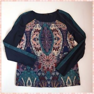 COLOR BLOCK Scarf Print Silky Feather Design Top